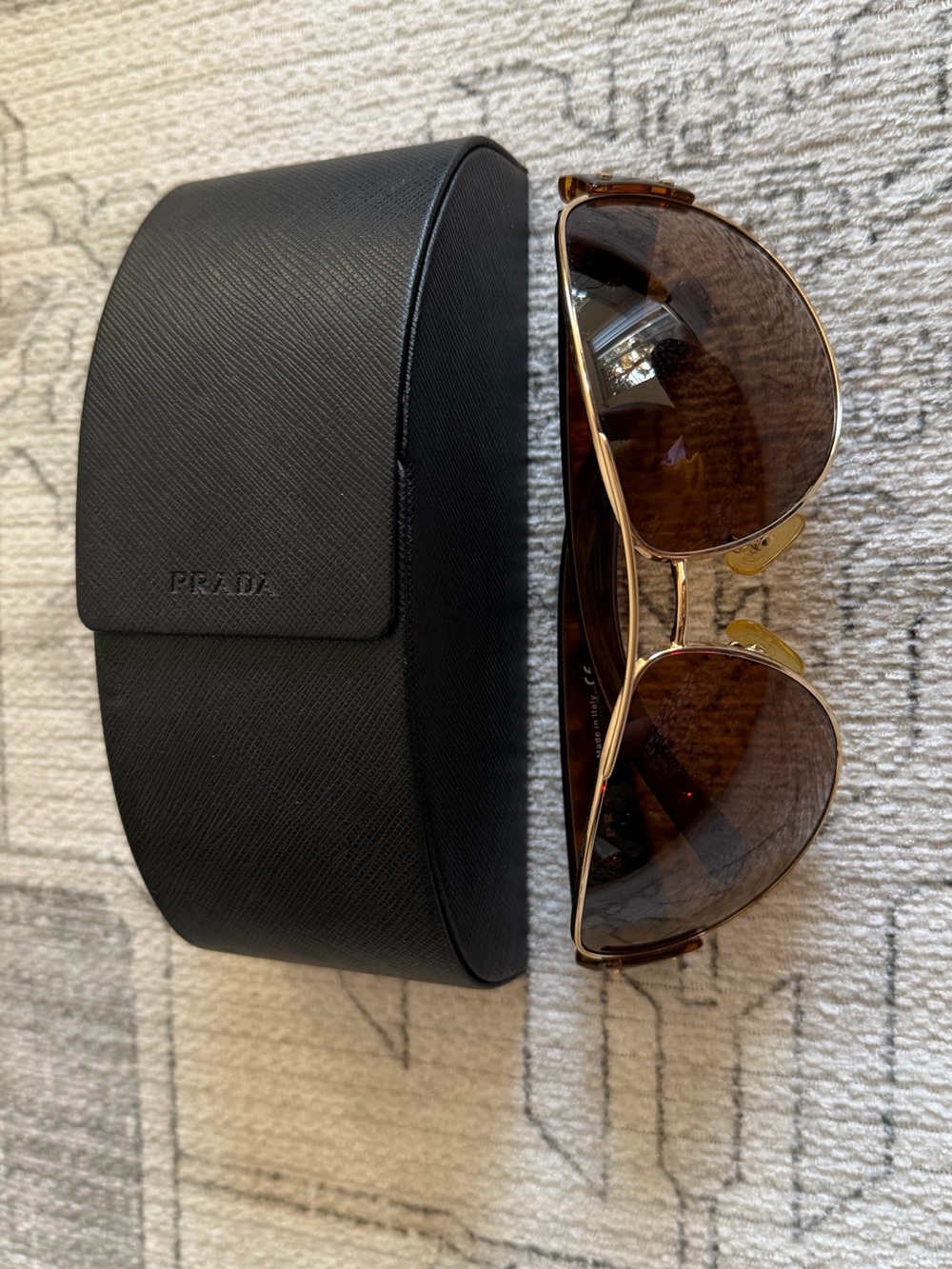 Prada Gold and Brown Designer Sunglasses Temple